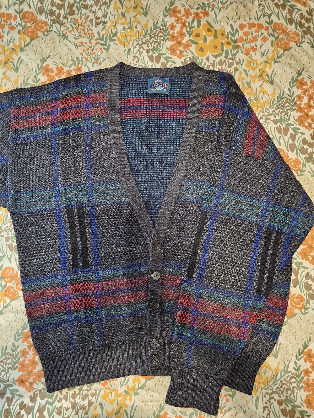 Vintage 80s Jantzen Charcoal Cardigan with Red and Blue Plaid Accents
